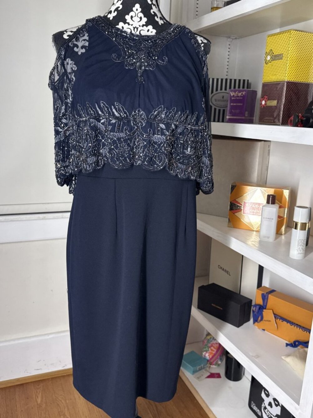 Aidan Mattox Women's Dark Blue Beaded Blouson Short Sleeve Evening Gown dress 10